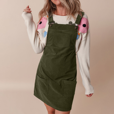 Solid Front Pockets Sleeveless Corduroy Overall Dress