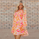  Orange Abstract Print Smocked Lantern Sleeve Ruffle Mini Dress