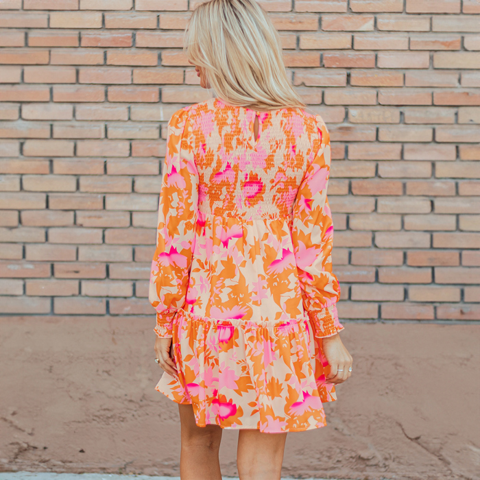 Orange Abstract Print Smocked Lantern Sleeve Ruffle Mini Dress