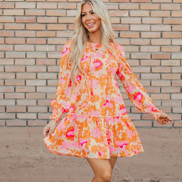 Orange Abstract Print Smocked Lantern Sleeve Ruffle Mini Dress