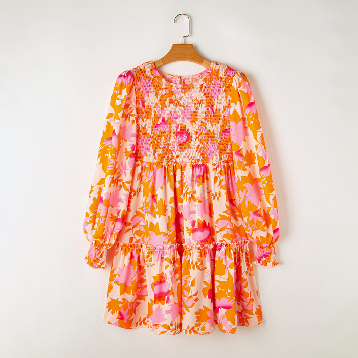 Orange Abstract Print Smocked Lantern Sleeve Ruffle Mini Dress