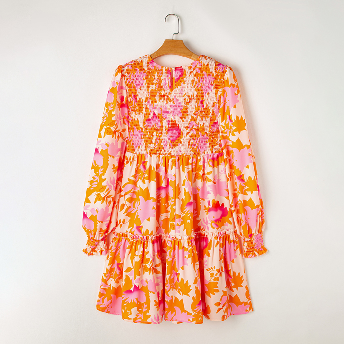 Orange Abstract Print Smocked Lantern Sleeve Ruffle Mini Dress