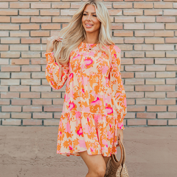 Orange Abstract Print Smocked Lantern Sleeve Ruffle Mini Dress