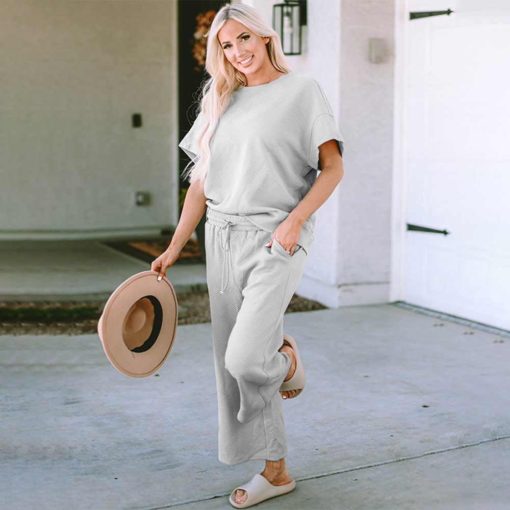 Textured Loose Fit T Shirt and Drawstring Pants Set