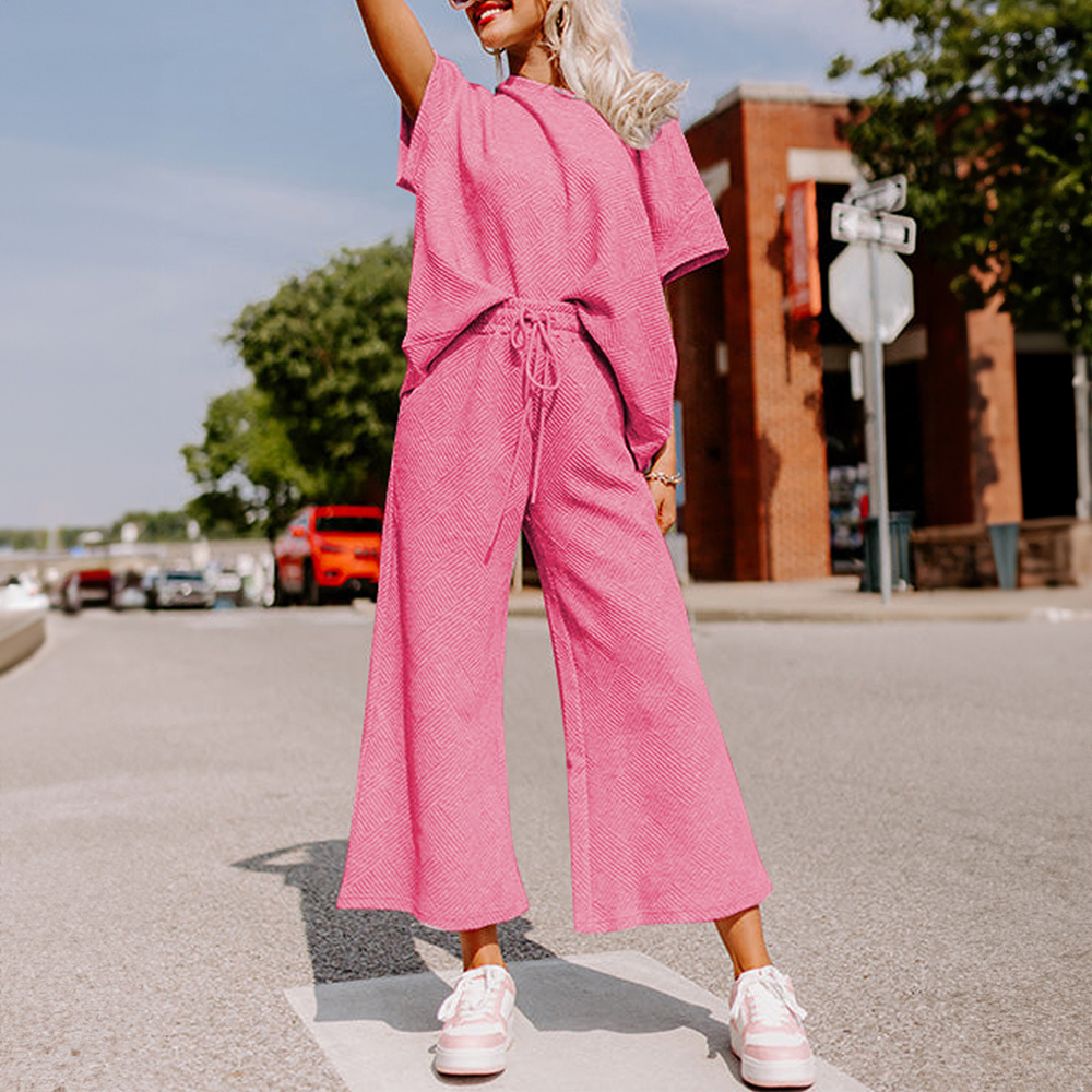 Textured Loose Fit T Shirt and Drawstring Pants Set