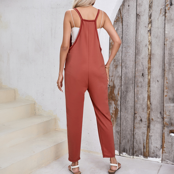 Gold Flame Side Pockets Harem Pants Sleeveless V Neck Jumpsuit