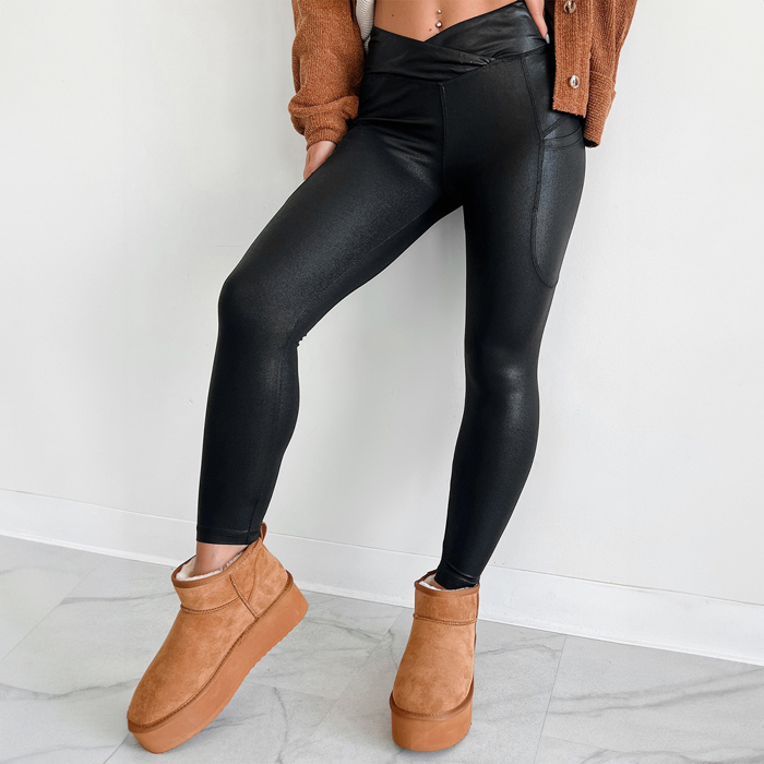 Black V Crossover High Waist Pocketed Leggings