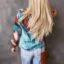  Multicolor Aztec Print Frayed Hem Denim Jacket