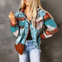  Multicolor Aztec Print Frayed Hem Denim Jacket