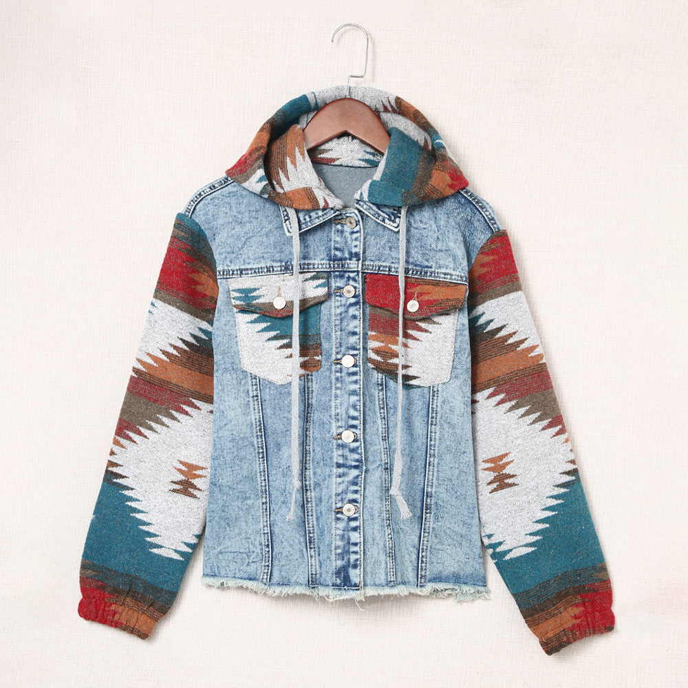 Multicolor Aztec Print Frayed Hem Denim Jacket