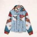  Multicolor Aztec Print Frayed Hem Denim Jacket