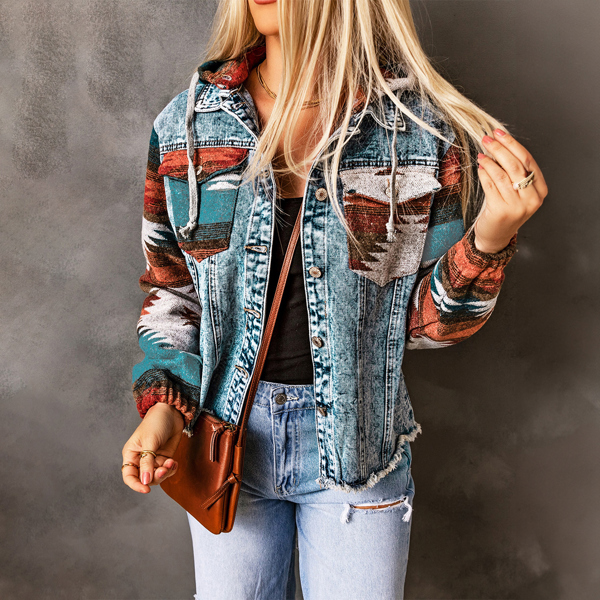 Multicolor Aztec Print Frayed Hem Denim Jacket