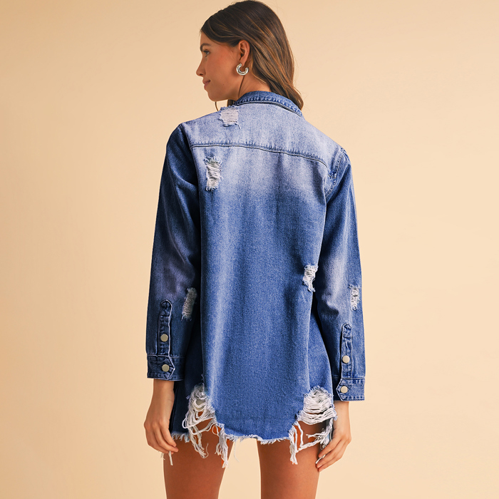 Mineral Wash Distressed Frayed Long Denim Jacket