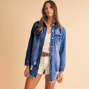  Mineral Wash Distressed Frayed Long Denim Jacket