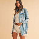  Mineral Wash Distressed Frayed Long Denim Jacket