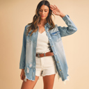  Mineral Wash Distressed Frayed Long Denim Jacket