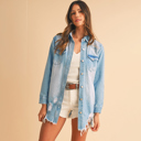  Mineral Wash Distressed Frayed Long Denim Jacket