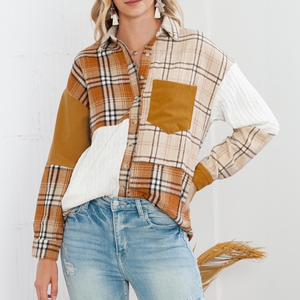 Orange Plaid Color Block Patchwork Jacket