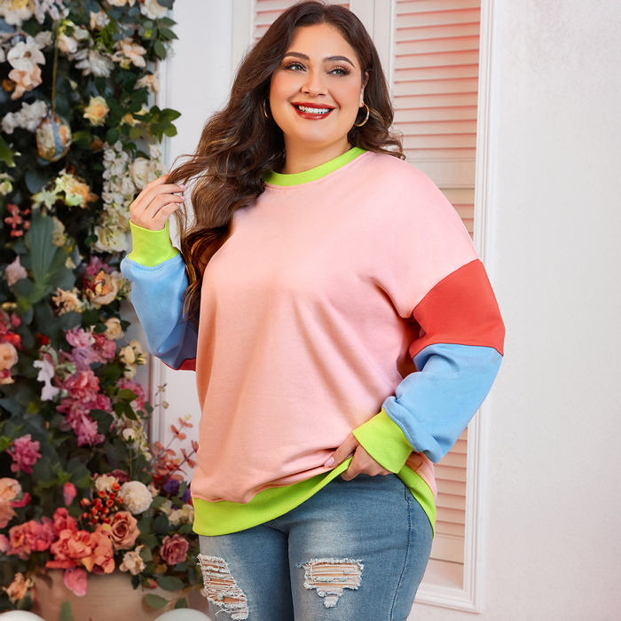 Light Pink Plus Size Colorblock Patchwork Crew Neck Sweatshirt