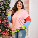  Light Pink Plus Size Colorblock Patchwork Crew Neck Sweatshirt