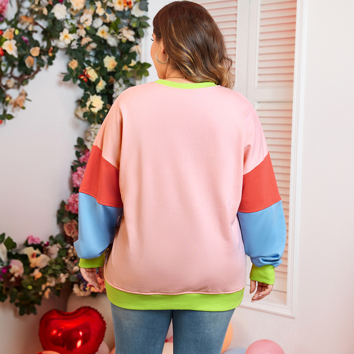 Light Pink Plus Size Colorblock Patchwork Crew Neck Sweatshirt