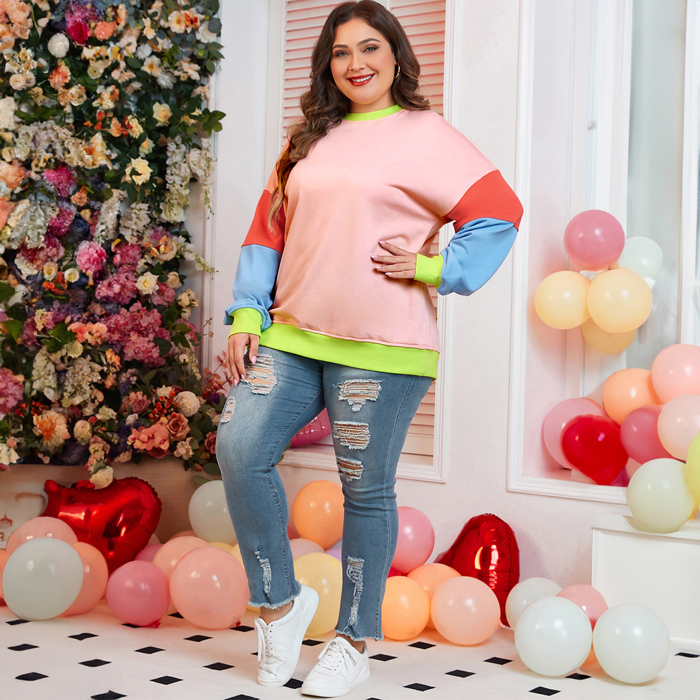 Light Pink Plus Size Colorblock Patchwork Crew Neck Sweatshirt