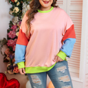  Light Pink Plus Size Colorblock Patchwork Crew Neck Sweatshirt