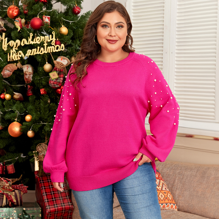 Strawberry Pink Pearled Decor Raglan Sleeve Plus Size Sweater