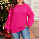  Strawberry Pink Pearled Decor Raglan Sleeve Plus Size Sweater