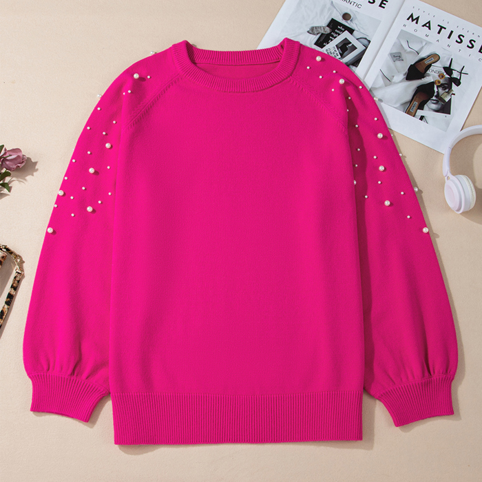 Strawberry Pink Pearled Decor Raglan Sleeve Plus Size Sweater