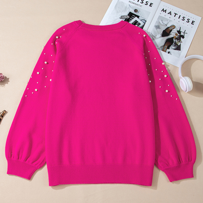 Strawberry Pink Pearled Decor Raglan Sleeve Plus Size Sweater