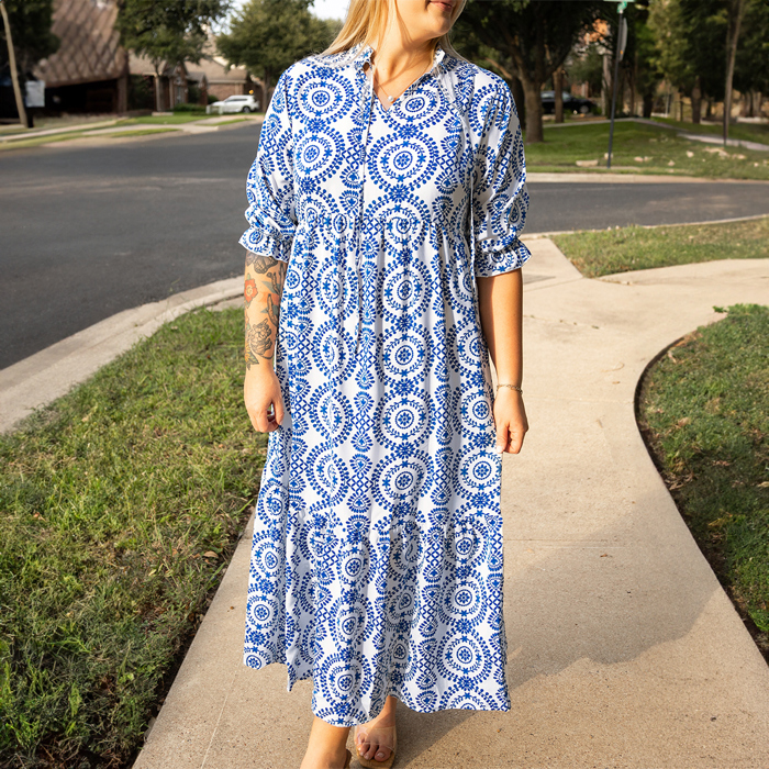 Sky Blue Geometric Print Lace-up Notch Neck Plus Size Maxi Dress