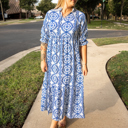  Sky Blue Geometric Print Lace-up Notch Neck Plus Size Maxi Dress