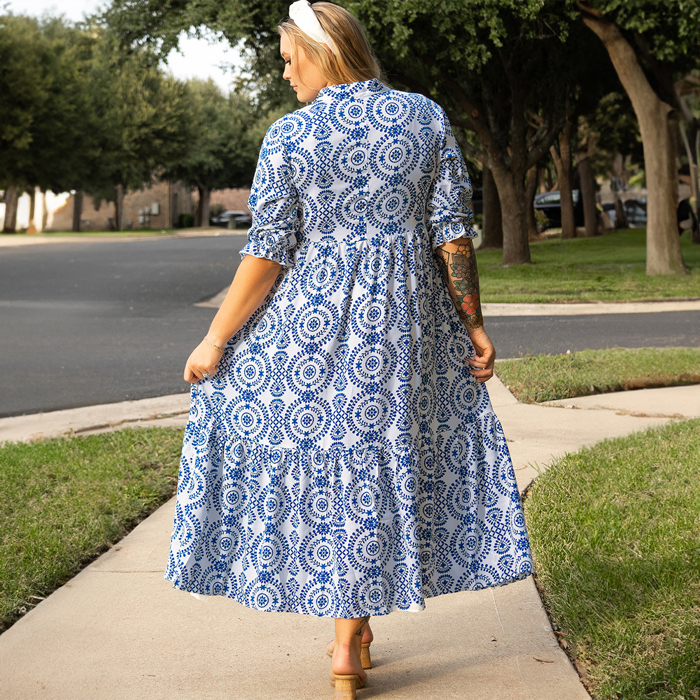 Sky Blue Geometric Print Lace-up Notch Neck Plus Size Maxi Dress