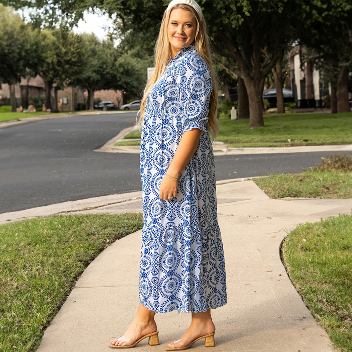 Sky Blue Geometric Print Lace-up Notch Neck Plus Size Maxi Dress