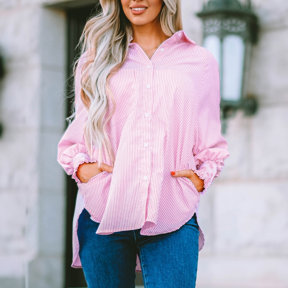 Smocked Cuffed Striped Boyfriend Shirt with Pocket