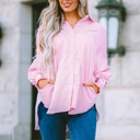  Smocked Cuffed Striped Boyfriend Shirt with Pocket