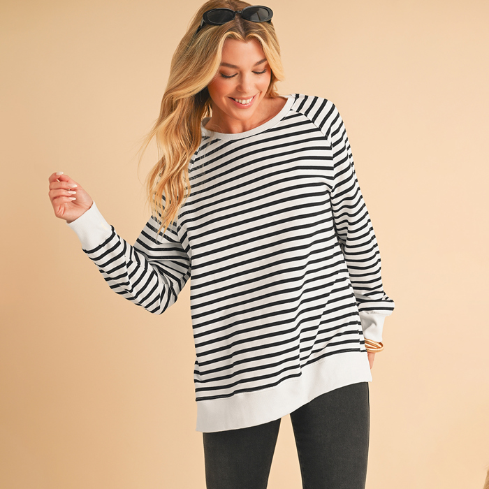 Black Stripe Raglan Sleeve Side Slits Loose Sweatshirt