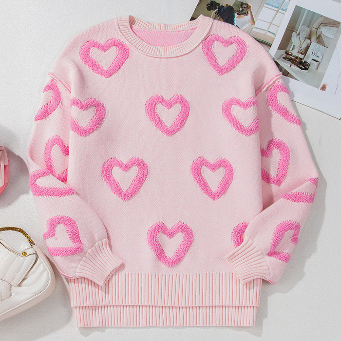 Pink Heart Shape Bubble Sleeve Baggy Sweater