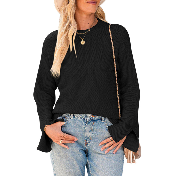 Solid Textured Knit Split Cuff Drop Shoulder Loose Sweater