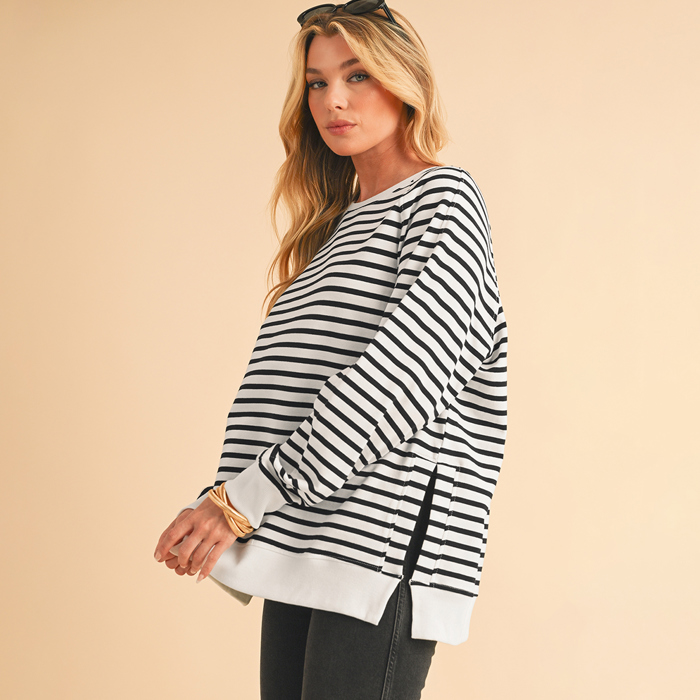 Black Stripe Raglan Sleeve Side Slits Loose Sweatshirt