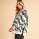  Black Stripe Raglan Sleeve Side Slits Loose Sweatshirt