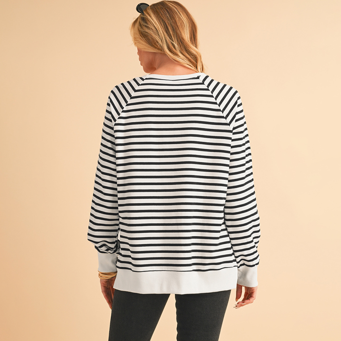 Black Stripe Raglan Sleeve Side Slits Loose Sweatshirt