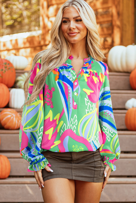 Abstract Print Ruffled Sleeve Buttoned V Neck Blouse