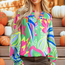  Abstract Print Ruffled Sleeve Buttoned V Neck Blouse