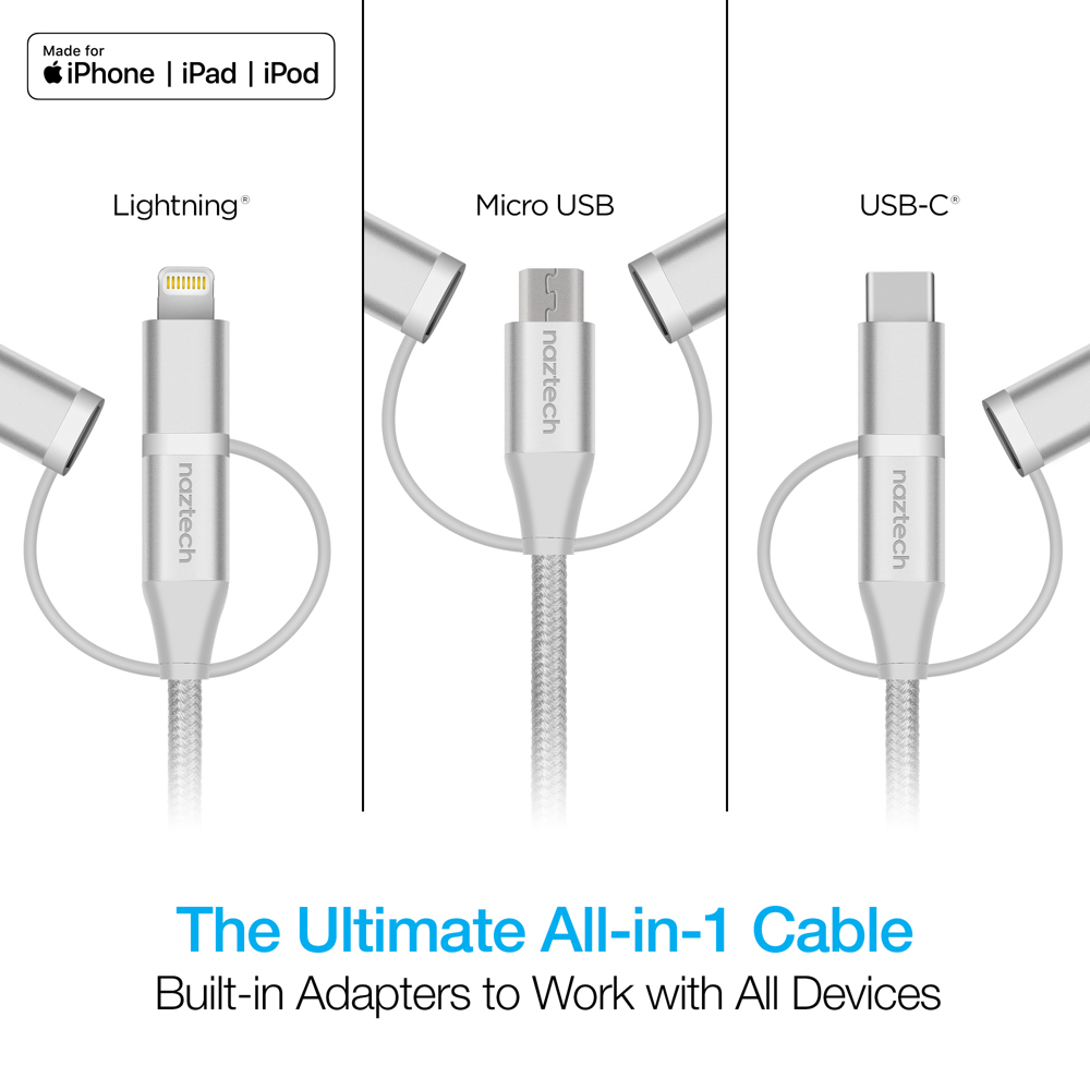 Naztech 3X1 Micro Lightning & USB-C Charge & Sync 6ft Cable