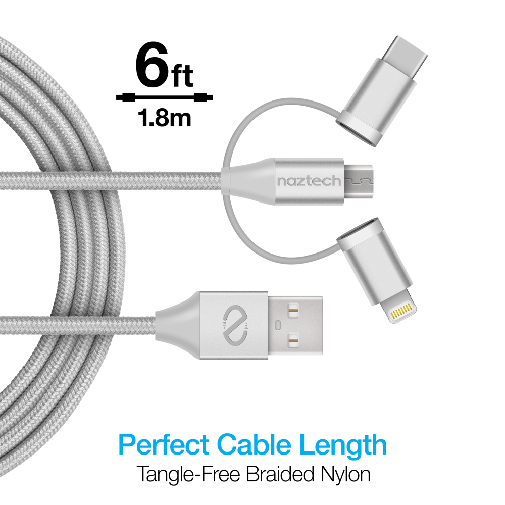 Naztech 3X1 Micro Lightning & USB-C Charge & Sync 6ft Cable