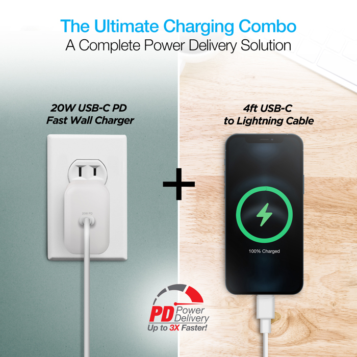 Naztech 20W PD Wall Charger + USB-C to Lightning 4ft Cbl