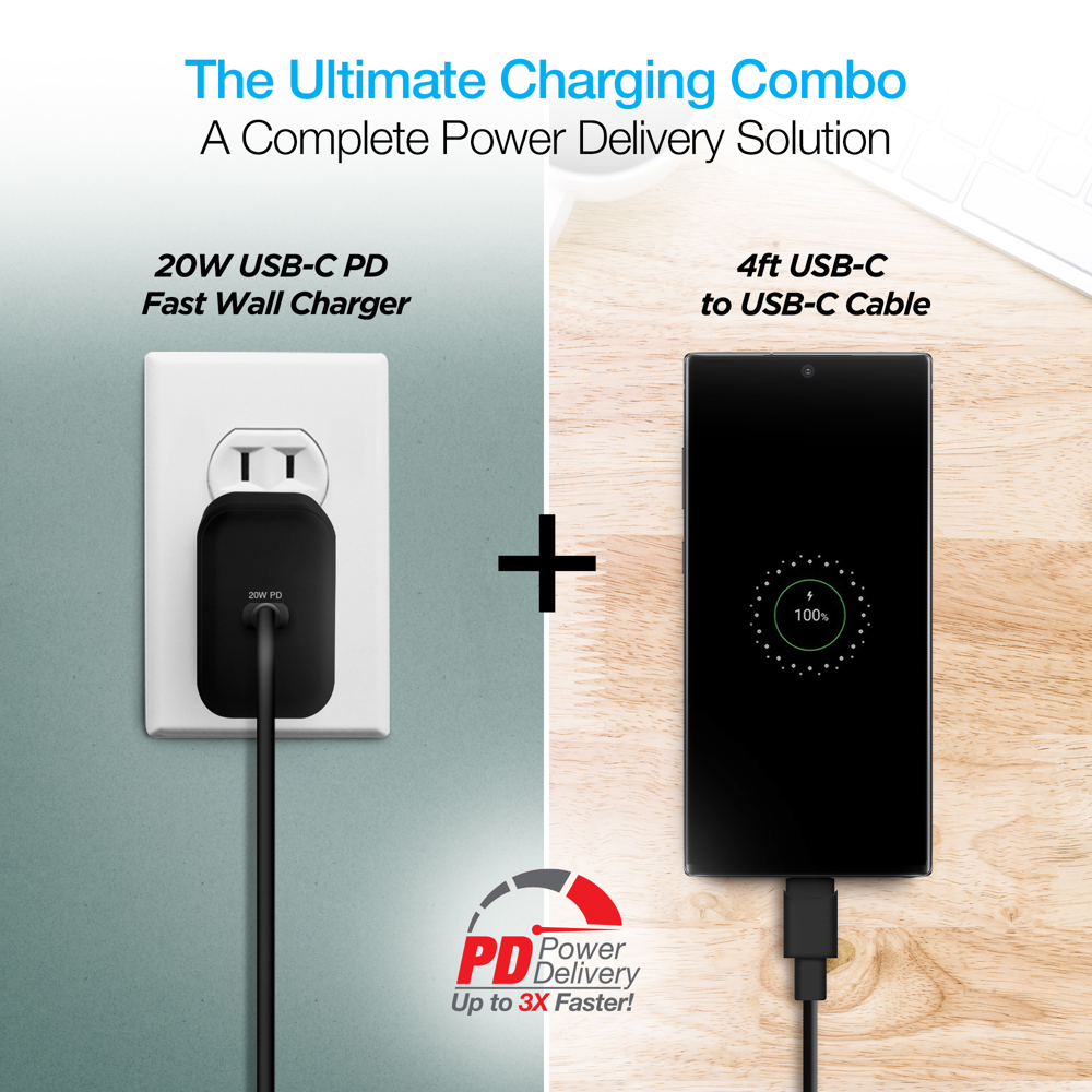 Naztech 20W PD Wall Charger + USB-C to USB-C 4ft Cbl