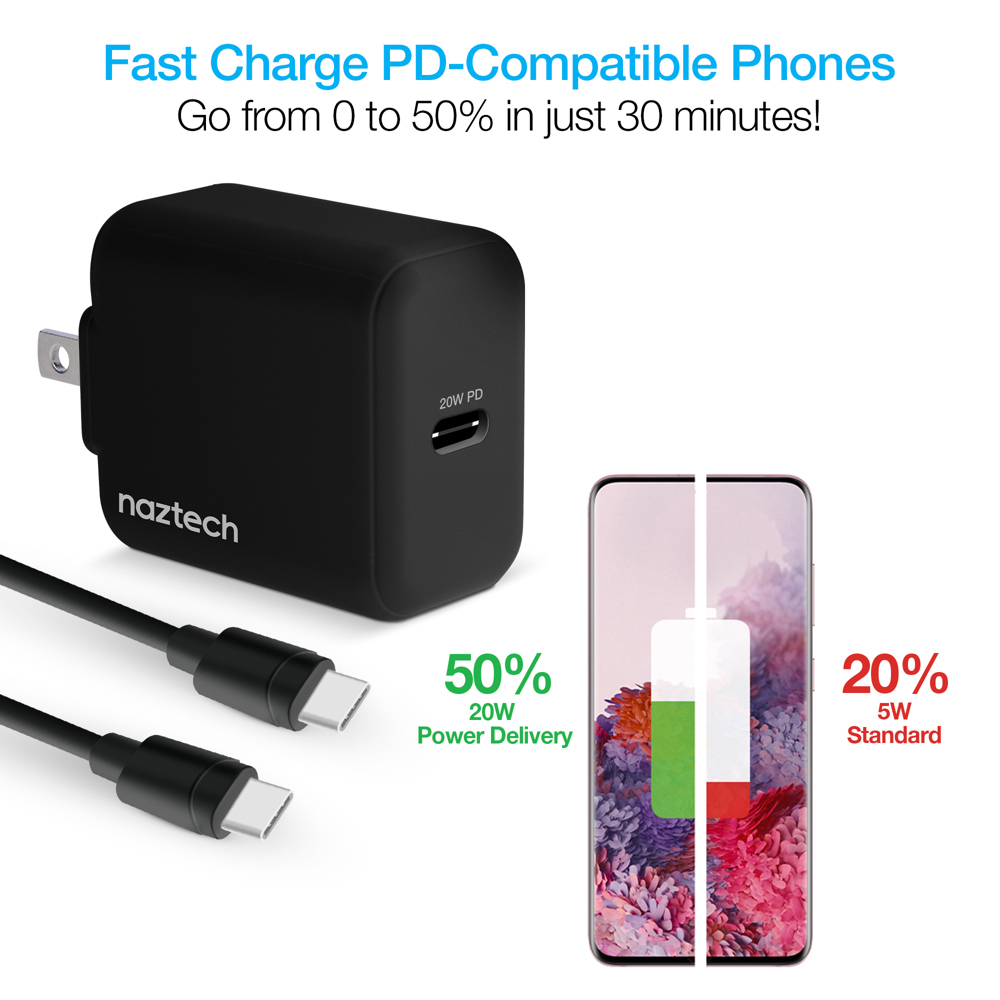 Naztech 20W PD Wall Charger + USB-C to USB-C 4ft Cbl